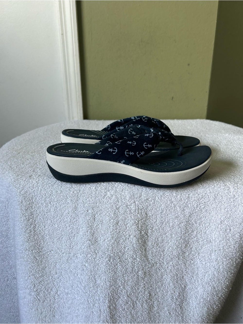 Clarks Navy Anchor Print Wedge Sandals